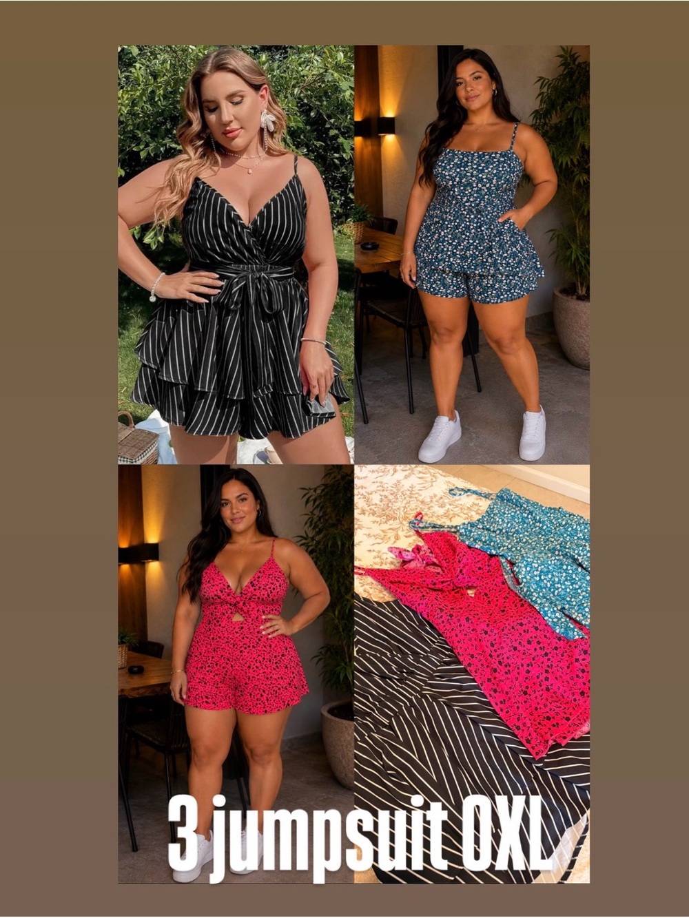 SHEIN 3-Pack Plus Romper Set — Black Stripe, Blue Floral, Pink Floral